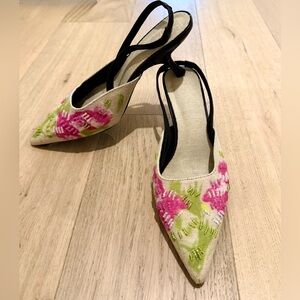 Floral Embroidered Slingback Heels